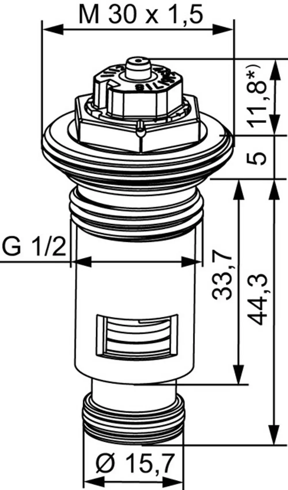 Thermostat-Oberteil von IMI Hydronic Engineering, mit verschiedenen Anschlussmöglichkeiten und Maßen, passend für Heizungsanwendungen. Detailzeichnung mit Maßangaben.
